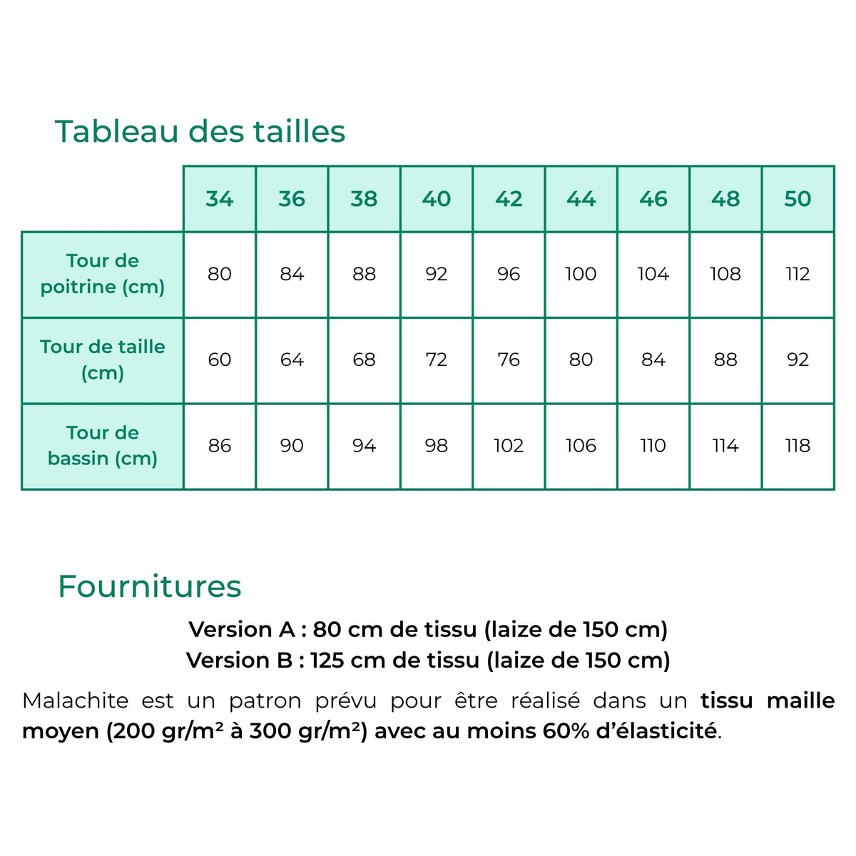 tableau de tailles et fournitures patron de couture top sweat malachite mokocha